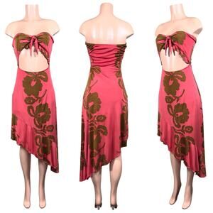 SKY Hawaiian Print Asymmetrical Cutout Ruffle Bottom MIDI Dress SZ L $198